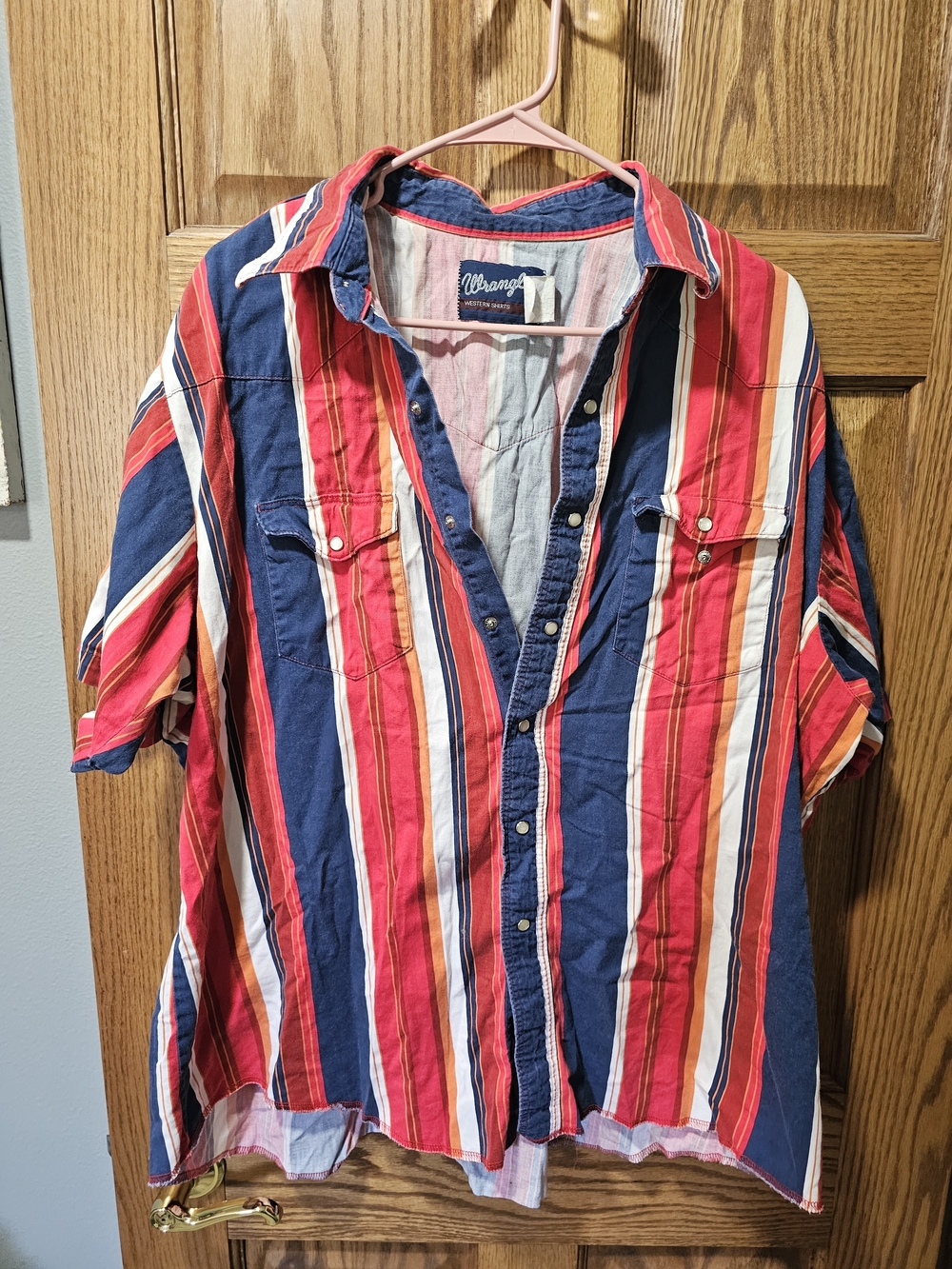 Wrangler Men’s Red & Navy Striped Button-Up Shirt Vintage XL-2XL